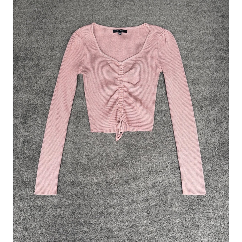Love Tree Pink Ribbed Cinched Front Long Sleeve Crop Top Small 9973WH